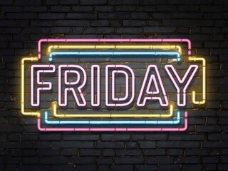 Obraz premium Neon Friday Sign on Brick Wall Background