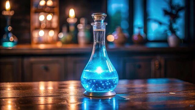 A Glass Bottle Filled with Glowing Blue Liquid on a Wooden Table