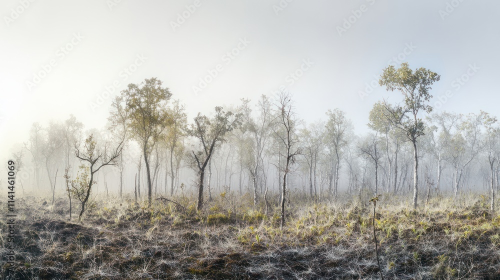 Poster a misty forest landscape with sparse trees and undergrowth, evoking a serene atmosphere.