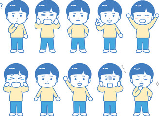 いろんな表情やポーズの男の子のシンプルなイラスト