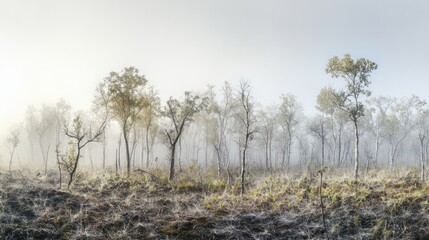 A misty forest landscape with sparse trees and undergrowth, evoking a serene atmosphere.