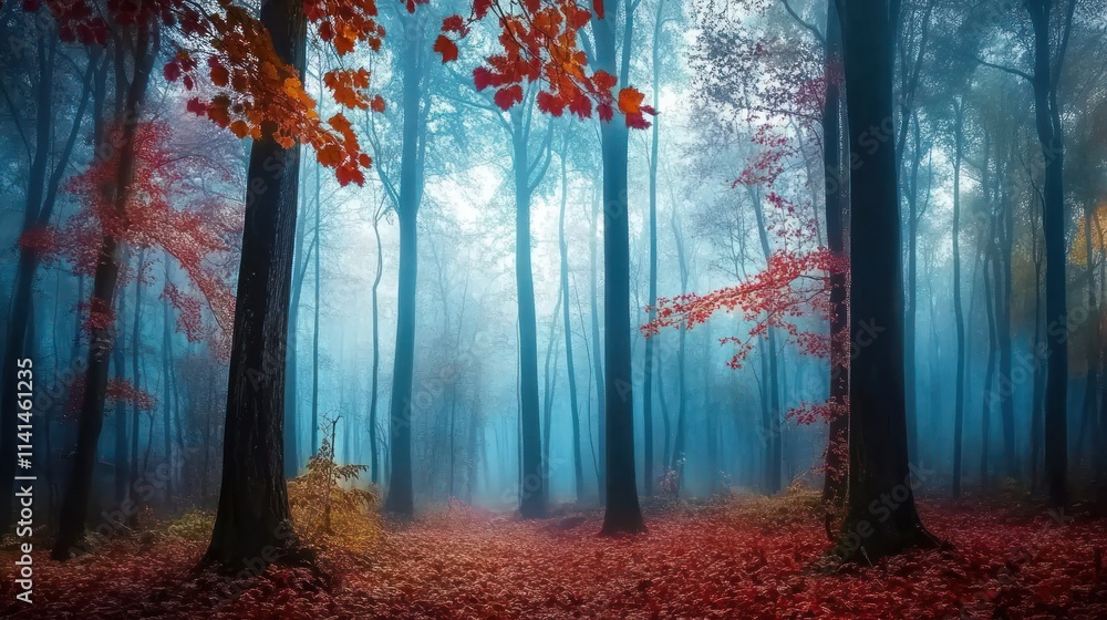 Poster a misty forest scene with vibrant autumn foliage, creating a serene and enchanting atmosphere.