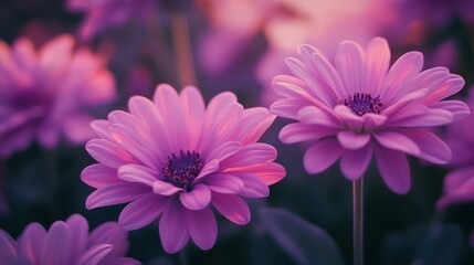 Obraz premium Vibrant Purple Daisy Flowers Bathed in Soft Morning Light