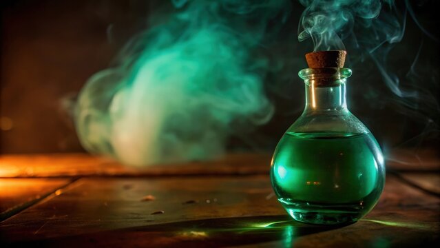 A Glass Bottle Filled with Green Liquid, Emitting Smoke, Sitting on a Wooden Surface