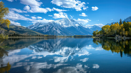 Fototapeta premium Breathtaking mountain landscape with serene lake reflections and vibrant autumn colors