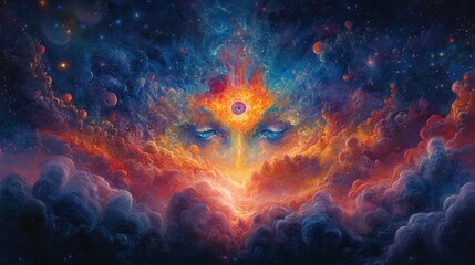 Fototapeta premium Cosmic nebula, fiery clouds, third eye.