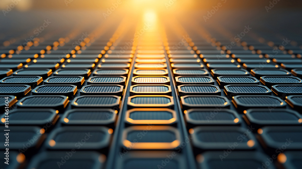 Poster close up view of solar panels absorbing sunlight in vast renewable energy field, showcasing grid pat