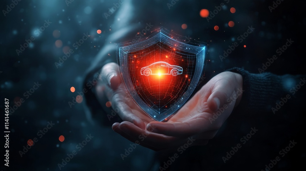 Poster a digital shield is held in hands, glowing with red light, symbolizing protection and security in a 
