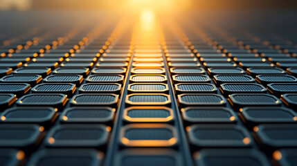 Obraz premium close up view of solar panels absorbing sunlight in vast renewable energy field, showcasing grid pattern illuminated by warm glow of setting sun