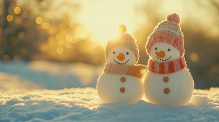 Obraz premium Two little snowmen in the snow, lovely, warm mood, realistic, photography, atmosphere, clear, white background