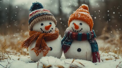 Two little snowmen in the snow, lovely, warm mood, realistic, photography, atmosphere, clear, white background