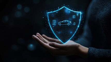 A glowing shield icon representing vehicle security is held in a hand, symbolizing protection and technology in automotive safety.