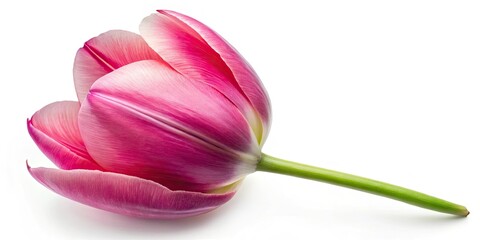 Close-up flat lay:  A single, perfectly formed pink tulip unfolds, its petals a delicate blush against the backdrop.
