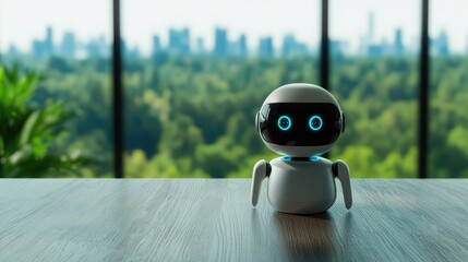SEO content and trends concept. Cute robot on a table with a city skyline in the background.