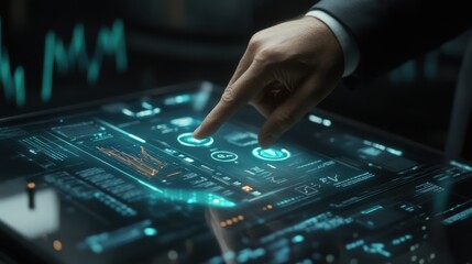 Touchscreen technology interaction modern office digital data analysis high-tech environment close-up view innovation concept