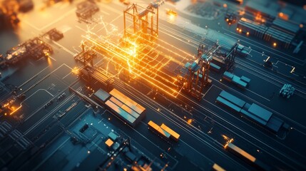 A vibrant aerial view of a modern industrial site with glowing lights, showcasing containers and complex machinery in a bustling environment.