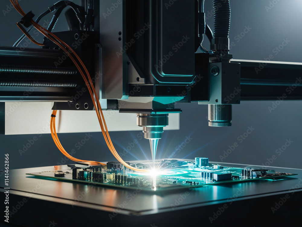 Poster high-precision machinery is engaged in the process of enhancing electronic components on a circuit b