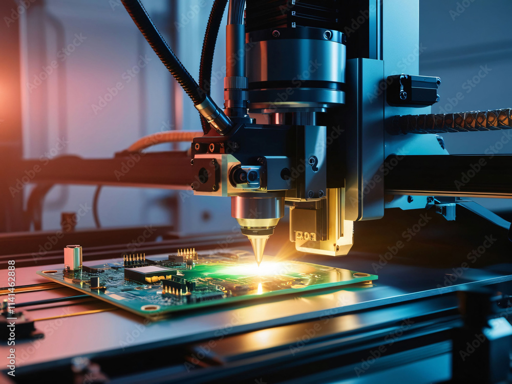 Poster high-precision machinery is engaged in the process of enhancing electronic components on a circuit b