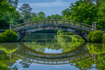Obraz premium Harmonious Balance: A Symmetrical Bridge Reflecting on Calm Water Surrounded by Lush Greenery and Clear Sky