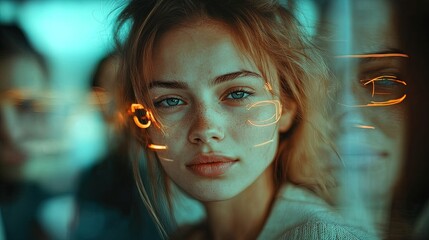 Dynamic Connectivity: A Modern Portrait Surrounded by Diverse Faces and Neon Lines – Perfect Poster for Sports Interiors to Inspire Team Spirit and Unity