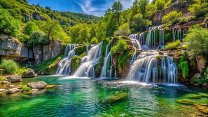 Obraz premium Beautiful cascading waterfall on the Vis river in the Cevennes mountains, cascade, Vis river, Cevennes, mountains, nature