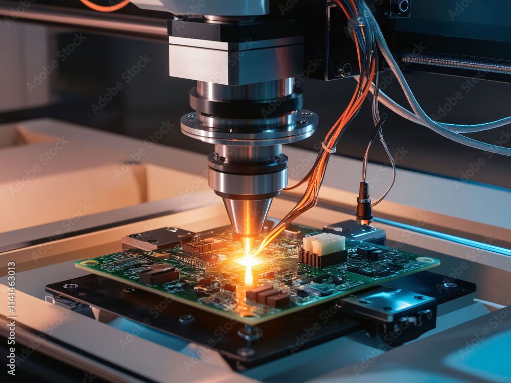 Poster high-precision machinery is engaged in the process of enhancing electronic components on a circuit b