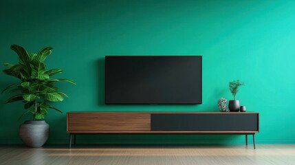A modern living room featuring a stylish TV cabinet against a dark green backdrop.