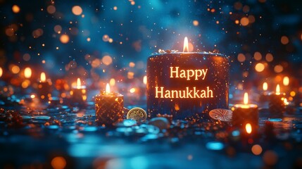Shimmering golden "Happy Hanukkah" script surrounded by glowing dreidels and gelt, floating gracefully on a deep sapphire blue canvas.