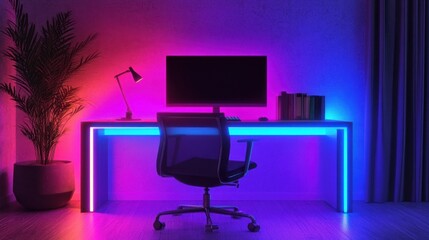 A sleek modern work desk enhanced with vibrant LED lighting.