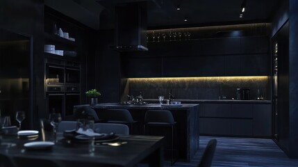 A modern kitchen and dining area with dark tones and ambient lighting.