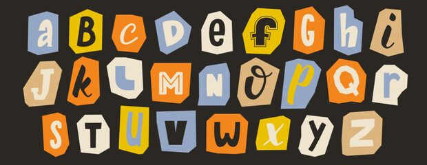 Cut out paper alphabet collection. Fade color different letter collage set. Cute craft doodle font element bundle for decoration, poster, banner, print. Playful ransom blackmail style abc pack. Vector