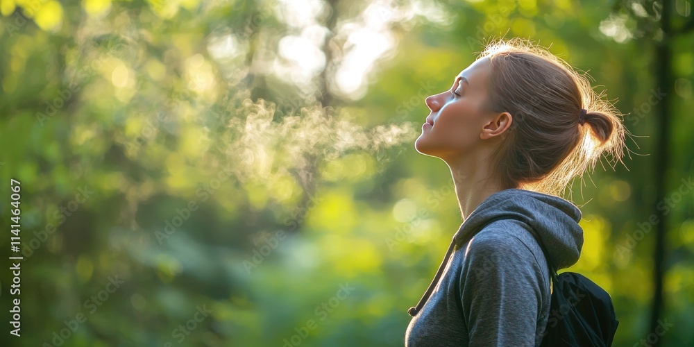 Aufkleber a person breathing in fresh air while standing in a forest or open field.