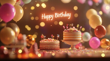 Birthday celebration with colorful cakes and balloons festive party atmosphere joyful moments indoor setting vibrant decor