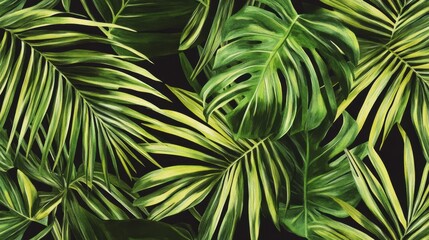 Lush Green Tropical Leaves with Varied Textures and Shapes on Dark Background