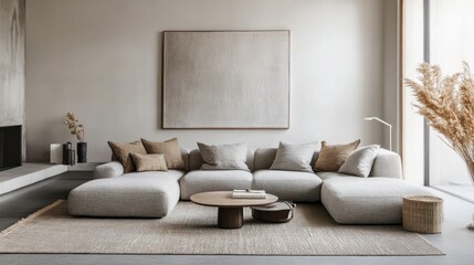 A modern living room featuring a sectional sofa, coffee table, and decorative elements.