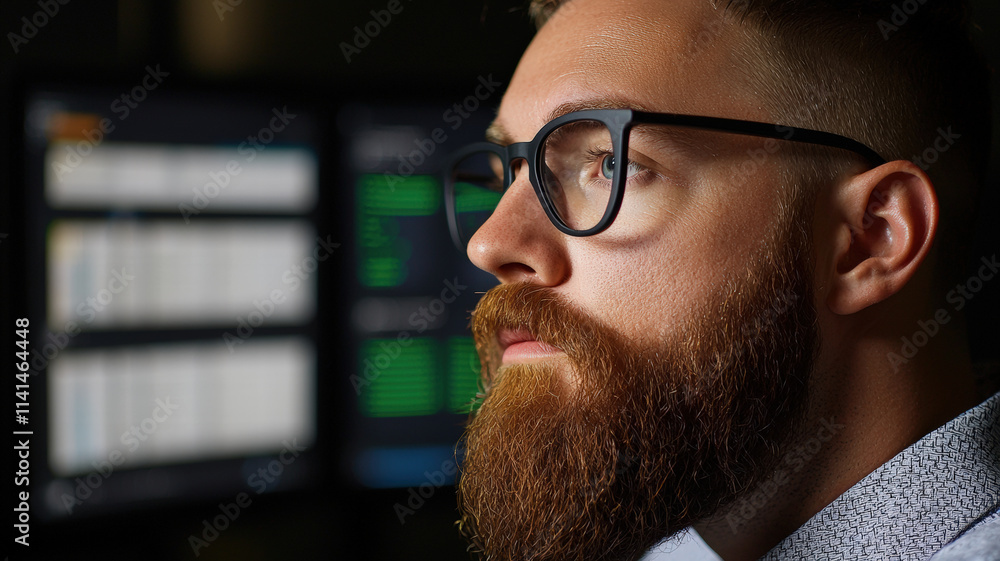 Poster a focused man with glasses and a beard, gazing intently, surrounded by screens displaying data in a 