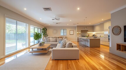 A modern living room with open layout, cozy furniture, and natural light.