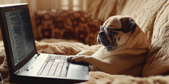 Pug wearing glasses coding on laptop while sitting on cozy couch