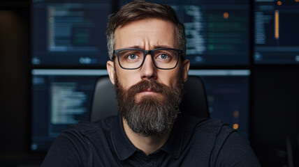 A focused man with glasses and a beard sits in front of multiple screens displaying code and data, conveying a serious tech environment.