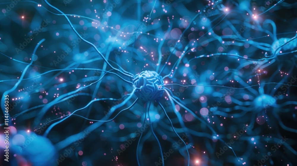 Poster complex neural network transferring data with glowing bright synapses, simulating artificial intelli