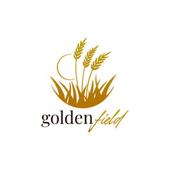 Golden wheat stalks under a crescent moon logo design suitable for food, agriculture, harvest, autumn, nature, countryside, landscape, and farming themes. EPS Layered Vector File