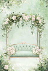 Digital Drawing of a Dreamy Garden Wedding Stage Adorned with Lush Flowers and Twinkling Lights