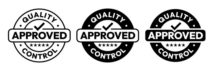 Quality control, tested, approved logo, badge, sticker, symbol, icon, stamp, banner, circle, black, line, flat vector, isolated illustration. Quality approved control label product packaging design.