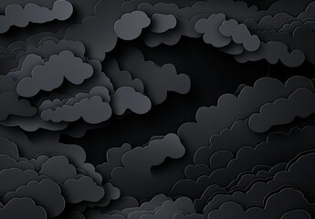 Black background with gray paper-cut clouds, vector illustration, flat design