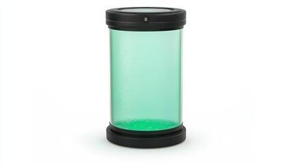 A transparent green cylinder with black ends, designed for storage or display, showcasing a minimalist and modern aesthetic.