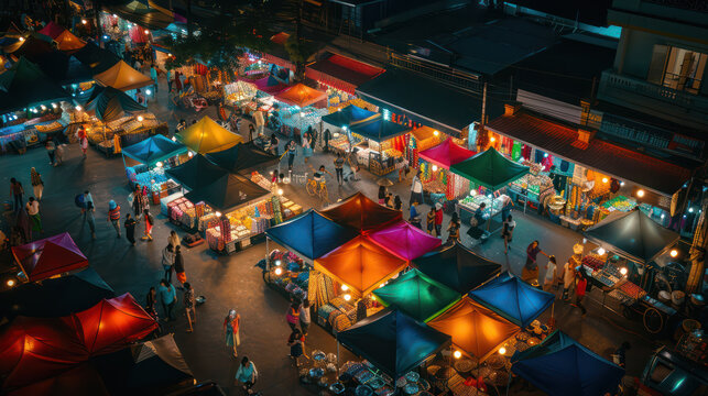 Vibrant night market with colorful tents and bustling crowds - Powered by Adobe