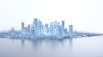 Fototapeta premium A blurred city skyline reflects softly on water, creating a serene, ethereal atmosphere, emphasizing modern architecture and urban life.