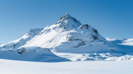 Majestic snow covered mountain peak under clear blue sky