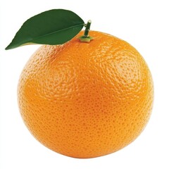 Single ripe orange with leaf isolated on white.