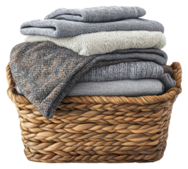 PNG Real folded clothes piles basket blankets textiles.
